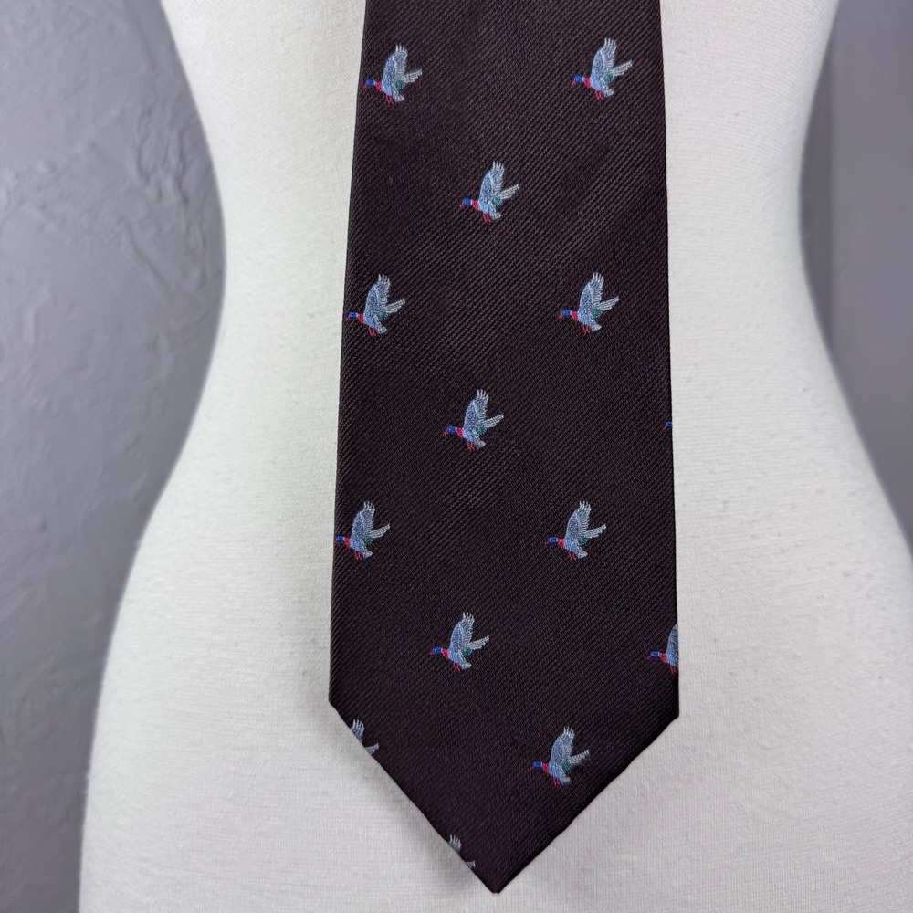 Vintage 80s brown tie with pheasant embroidery 58" Dad core bird tie polyester